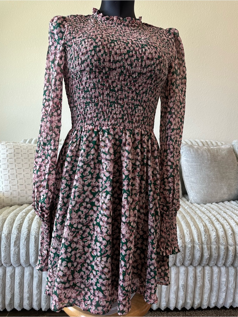 Lulu's Pink Floral Smocked Long-Sleeve Dress on Green